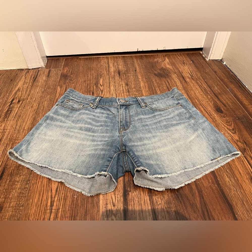 J. crew Indigo Denim cut off shorts Miss sized. Waist lying flat 16.5” inches